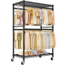 ULIFHOME P4 Rolling Clothes Rack Heavy Duty, Clothing Racks for Hanging Clothes, Free Standing Garment Racks with Wheels, Metal Portable Closet Rack 45''W × 20.5''D × 80.5''H, Max Load 570 Lbs, Black