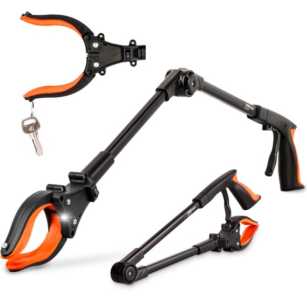 THINKWORK Grabber Reacher Tool, 0°-180° Angled Arm, 90° Rotating Head, 32” Foldable Claw Grabber with"LED Light", Garbage Collector, Arm Extension Picker for Elderly, Pregnant Women&Sanitation Workers