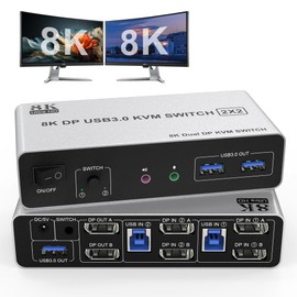 8K USB 3.0 DisplayPort KVM Switch 2 Computers 2 Monitors 8K@60Hz 4K@144Hz, Dual Monitor Displayport KVM Switches with Audio Microphone Output and 3 USB 3.0 Ports, Desktop Controller and 2 USB Cables