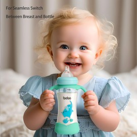 YOHKOH Natural Glass Baby Bottle with Natural Response Nipple, Wide Neck Baby Bottles with Handle, Newborn Anti-Colic Baby Bottles Gift Set, Clear (8.8oz (Pack of 4), Blue)