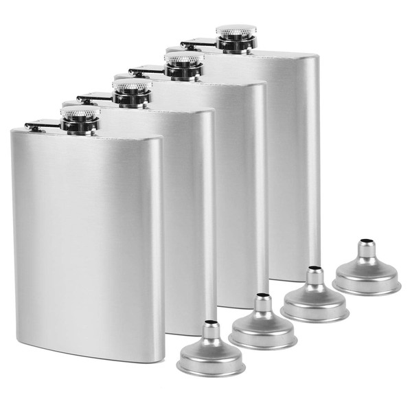 Tebery 4 Pack 8 oz Hip Flask Set - Stainless Steel Pocket Flask with 4 Small Funnel