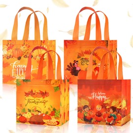 ALIBBON 12 Pcs Fall Gift Bags with Handles, 4 Designs Pumpkin Turkey Reusable Non-woven Tote Bags, Fall Grocery Bags Thanksgiving Gift Bags for Cookie Candy Gifts Wrapping Party Supplies 8×8×6 Inch