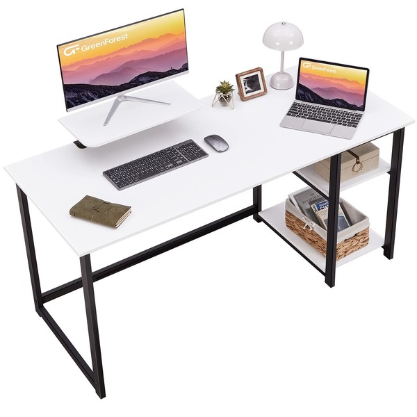GreenForest Computer Home Office Desk with Monitor Stand and Reversible Storage Shelves,55 inch Modern Simple Writing Study PC Work Table,White