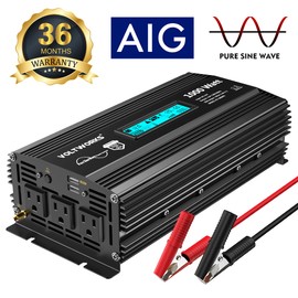 Pure Sine Wave 1000 Watt Power Inverter DC 12v to AC 110V-120V 1000W with LCD Display and 2.4A Dual USB Ports 3 AC Outlets for Home RV Truck[3 Years Warranty] by VOLTWORKS