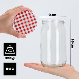 KADAX Preserving Jars 760 ml with fi82 mm Screw Lids, Screw Jars, Large Jars with Twist Off Lid, Preserving Jars for Cucumbers, Preserving Jars, Preserving Jars (Red Checked, Pack of 8)