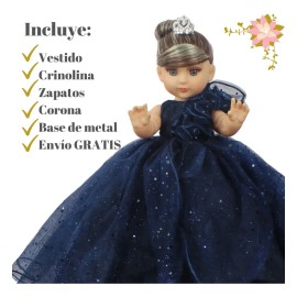 Muñeca Quinceañera Recuerdo 15 Años Azul Marino Petro 33 Cm                                                                                           