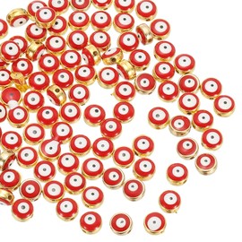 PATIKIL 8mm Evil Eye Beads, 100 Pcs Flat Round Turkish Evil Eye Charm with Golden Edge Spacer Beads Eyeball Bead for Bracelet DIY Necklace Earrings Making, Red