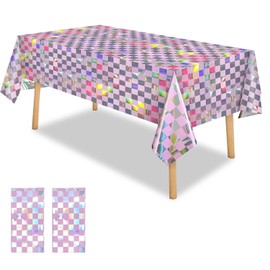 OQOQ Checkered Iridescent Tablecloth (2 Packs，Pink Silver) - Rectangular Plastic Table Cover Disposable Table Cloth Pink Birthday Decorations Waterproof Foil Tablecloth Bachelorette Party 54x108 Inch