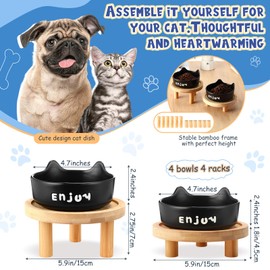 Honeydak 4 Set Shallow Elevated Cat Bowls with Bamboo Stand Ceramic Dishes Suitable for Feeding Stations for Pets Comfortable Eating Indoor Use for Cats and Kittens(Black)