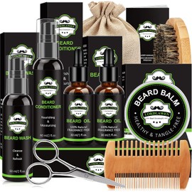 Kit de barba, kit de aseo para barba con lavado de barba, acondicionador de barba, aceite para barba, bálsamo para barba, cepillo para barba, peine para barba, tijeras, bolsa de almacenamiento, libro electrónico para barba, regalo para hombre para cumplea