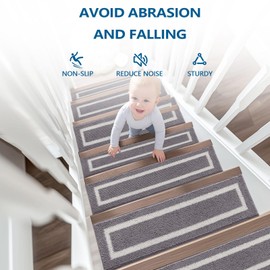 OLANLY Stair Treads for Wooden Steps Indoor, 8" x 30" Non Slip Edging Staircase Runners, Reusable Stair Carpets Mats for Kids Elders and Pets, 15 PCS, Grey