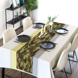 Linen Camo Table Runner Army Military Camouflage Soldier Hunting Themed Birthday Party Dinner Table Decoration for Home Kitchen Dining (13" x 90")