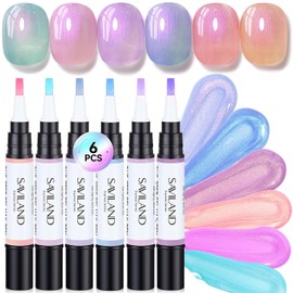SAVILAND Express One-Step Gel Nail Polish Pens Set: 6 Pearl Pink Blue Colors 3 in 1 Gel Polish Set Base & Color Gel & Top in a Pen for Aurora Effect Easy to Use Travel 4ml (U V Lamp Needed)