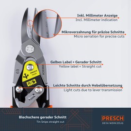 Presch Tin Snips Straight Cut - Heavy Duty Aviation Snips - Drywall Construction Tool for CW and UW Mouldings, Metal Cutting, etc. - Tin Cutter with Lever Transmission