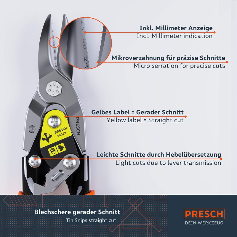 Presch Tin Snips Straight Cut - Heavy Duty Aviation Snips