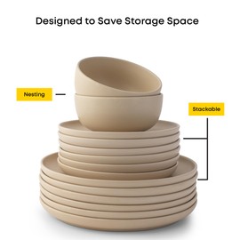 JoyJolt Mesa Stoneware Salad Plates, 8" Round Lunch Plates, Dishwasher and Microwave Safe Plate Set of 6, Modern Rustic Dinnerware, Appetizer Dessert or Dinner Sides Kitchen Dishes - Matte Beige