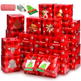 Sliner 56 Pack Christmas Cookie Boxes with Window 4 x 4 x 3 Inches Small Paper Bakery Treat Boxes Christmas Candy Cookie Macaron Boxes with Gift Tags and Elastic Rope for Xmas Party Supplies(Classic)