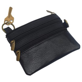 Women's Genuine Leather Coin Purse Mini Pouch Change Wallet with Key Ring (Black)