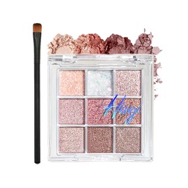 Glitter Eyeshadow Palette, Shimmering Eye Shadow Pallets For Women, 9 Colour Highly Pigmented Eye Shadows,Pink Eyeshadow Palette Bright Eyeshadows for Girls Make Up, With Brush