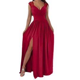 Dokotoo Womens Ladies Elegant Floor Length A Line Wrap Deep V Neck Backless Ruched Pleated Ruffled Split Long Maxi Formal Evening Party Prom Dress Bridesmaid Wedding Guest Dresses for Women Wine M