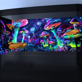 Dtekoj 36X18IN Blacklight Aquarium Background UV Reactive Mushroom Background Starry Sky Terrarium Background with 10 EVA Double-Sided Tape