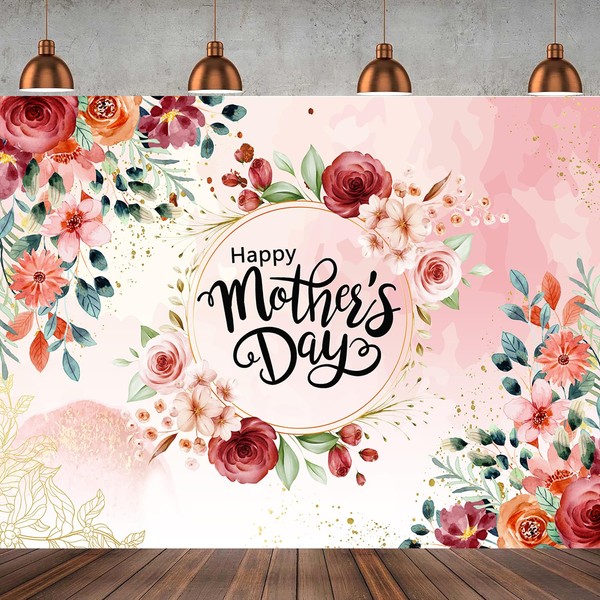 7x5ft Mother's Day Backdrop – Pink Floral & Gold Happy