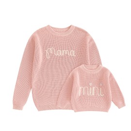Mommy and Me Family Matching Sweaters Letter Embroidery Long Sleeve Round Neck Knitwear Fall Winter Warm Tops (Mom, S, Light Pink)