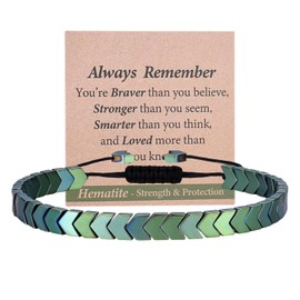 Hematite Bracelets with Inspirational Card Arrow Bracelet for Men Protection Strength Bracelet for Boyfriend Dad Adjustable Hematite Healing Bracelets for Men Gifts You Are Braver Stronger Smarter