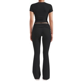YETOWA Women's 2 Piece Lounge Outfits Slim Short Sleeve Tops Low Rise Flare Leggings Sets Yoga Sweatsuit, Black Short-sleeved Set, Large