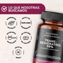 Quotidien | Trans Resveratrol 99% - 100% Puro Con Colágeno Hidrolizado Polvo Y Calcio - Vitaminas Mujer - 60 Cápsulas Veganas Vcaps