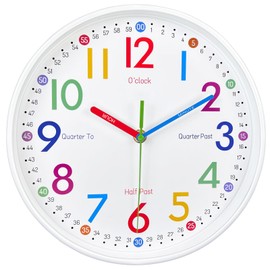 AIRUIFU Reloj de pared para niños, reloj de enseñanza para niños, reloj analógico silencioso para decoración de la habitación de los niños, reloj de pared colorido que ayuda a los niños a saber la hora más fácil