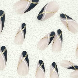 Medium Press on Nails Almond Shape Fake Nails Cute False Nails with Gold White Waves Designs Full Cover Glossy Acrylic Nails Black Nail Tips French Stick on Nails Almond Glue on Nails for Women 24Pcs