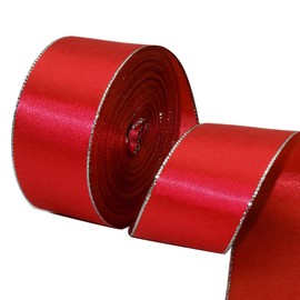 David accessories Satin Ribbon with Silver Edges 1.5 Inch Wide 20 Yards, Gold Border Fabric Ribbons for Gift Wrapping DIY Crafts Christmas Decor Wreath Bows Invitations (Red)
