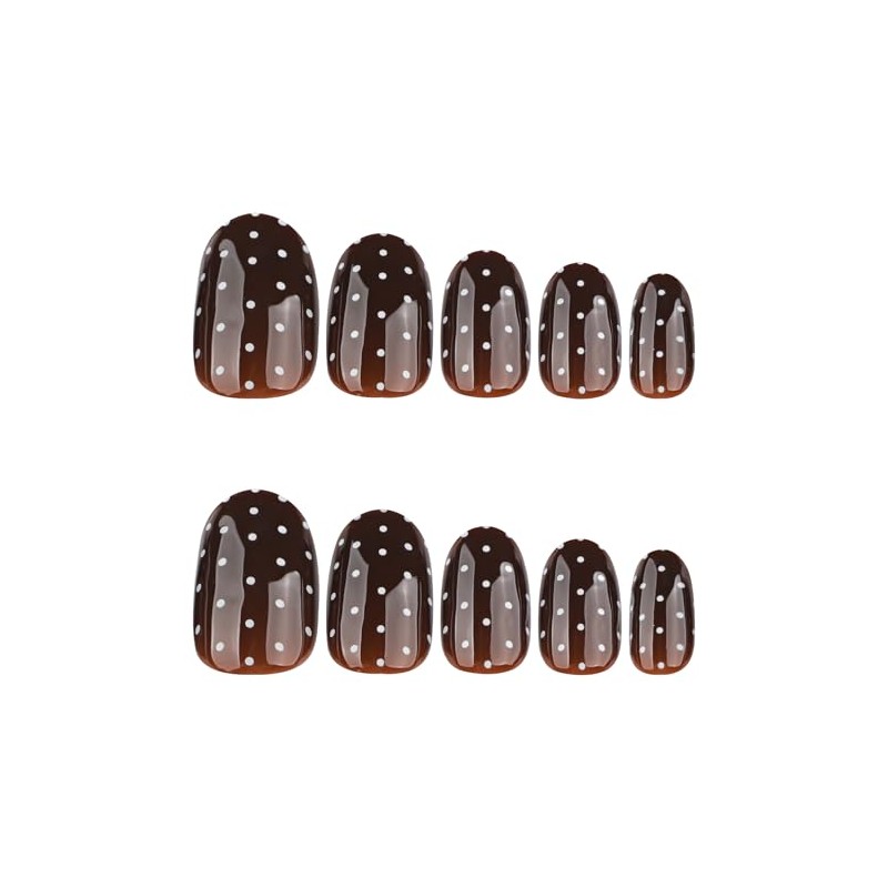 Uñas postizas cortas ovaladas marrones con lunares, 24 unidades, reutilizables,
