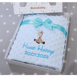 BotoBaby Baby Blanket Double Layer Blanket - Embroidered with Name & Date - Gift Box - Cuddly Blanket 75 x 100 cm | Perfect for Birth & Christening (75 x 100 cm, Blue - Stars + Gift Box)