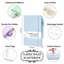 feela Journal Notebook Bulk for School, Hardcover Business Classic Ruled Lined Journals with Pen Holder for Work Office Journaling, with 5 Black Pens, 120 GSM, 5.1”x8.3”, 5 Pack, A5, Pastel Colors