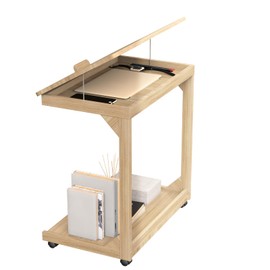 WUGCHDA C-Shaped Couch Table, Side Tables with 360° Rotating Wheels, 45° Adjustable Tiltable Desktop for Sofa Laptop Coffee, C Table for Living Room, Walnut (Natural Color, 23.6 * 15.7 * 24.8in)