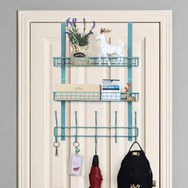 Over The Door Hook Rack with 5 Hooks 2 Baskets Steel, Sturdy Durable Coat Rack Towel Hooks Hanging Organizer Shelves for Home Bedroom Bathroom Kitchen, Brown
