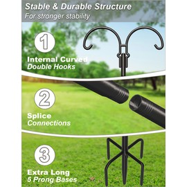 AnBaiMei Outdoor Double Shepherds Hook with 5 Prong Base, 92 Inch Adjustable Heavy Duty Two Sided Bird Feeder Pole Stand for Hanging Plant Baskets, Solar Light Lanterns, Hummingbird Feeder, 2 Pack