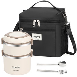Voova Stackable Stainless Steel Thermal Lunch Box with Lunch Bag and Cultery Set for Adult Women Men, 2 Tier Leakproof All-in-One Insulated Bento Boxes Food Container for Work, Black