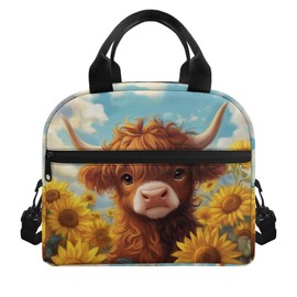 POLERO Sunflower Highland Cow Lunch Box Girls Small Thermal Lunch Bag Back to School Food Containers with Shoulder Strap