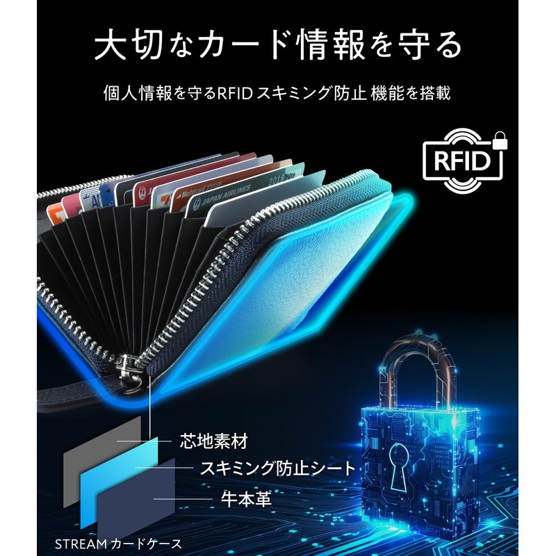 STREAM Card Case, Genuine Leather, Large Capacity, Accordion-Style, Anti-Skimming, Unisex,