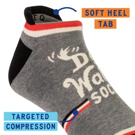 Blue Q Funny Athletic No-Show Sneaker Socks. Unisex. Compression Band, Seamless Toe., Dog Walkin' Socks, S-M