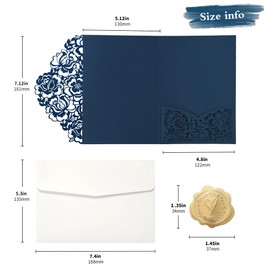 DORIS HOME 50pcs Laser Cut Wedding Invitation Pockets with Envelopes Blue, 5.12" x 7.12"Invitation Cards for Wedding, Anniversary (No Inserts Included)
