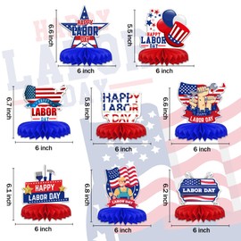 8pcs Happy Labor Day Honeycomb Centerpieces, Labor Day Party Decoration Table Centerpieces, Red Blue Yellow American Flag Labor Day Table Topper, Happy Labor Day Paper Centerpieces