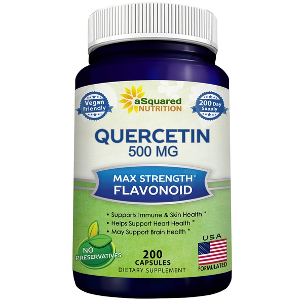 aSquared Nutrition Quercetin 500mg Supplement - 200 Capsules - Quercetin Dihydrate to Support Cardiovascular Health - Max Strength Powder Complex Pills to Help Improve Immune Response