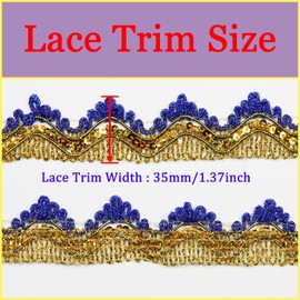 Tibaoffy Long 14 Yard Wide 35mm/1.37inch Blue Gold with Gold Sequins lace Trim Decorated Gimp Trim Craft Ribbon for DIY Craft Sewing Fabric, Crafts and Sewing（Blue Gold with Gold Sequins）