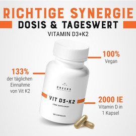 CHEERS–Vitamin D3 und Vitamin K2,60 Vegane Kapseln, Natürliche Algenform von Vitamin D, Vitamin D3 und K2-Ergänzung für Männer und Frauen
