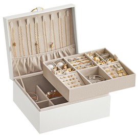SONGMICS Caja Joyero, 2 Capas, con Asa, 23.9 x 20 x 11.2 cm