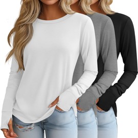 Huukeay 3 Pack Women's Long Sleeve Cotton Shirts, Casual Crew Neck Tunic Tops Fall Loose Y2k Trendy Outfits with Thumb Holes(Black, Grey, White,L)